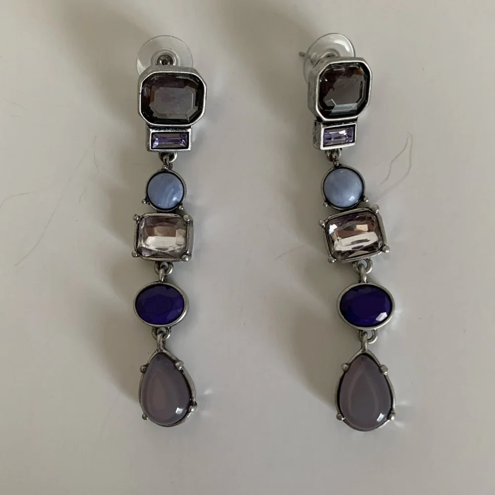 Chico's Earrings Dangle Silver Blue Jeweled Tones Clear Rhinestone - Picture 1 of 7